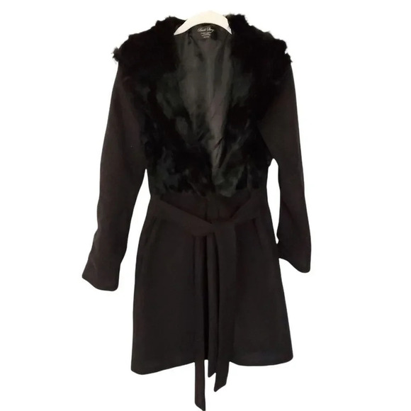 Back Stage Wool Coat Womens Size Small Black Faux Fur Made in Korea Snap Button - Picture 1 of 12